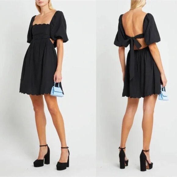 NEW O.P.T. Black April Dress Scalloped Open Back Cutout Dress S Puff Sleeve $179 - Picture 2 of 16